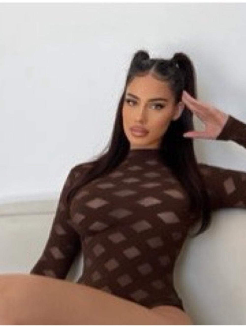 Fashion Nova Brown Sheer Diamond-Pattern Bodysuit